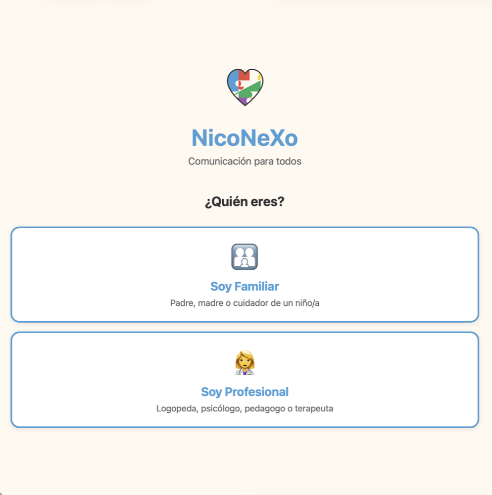 Pantalla inicial de NicoNeXo con acceso para familias y profesionales