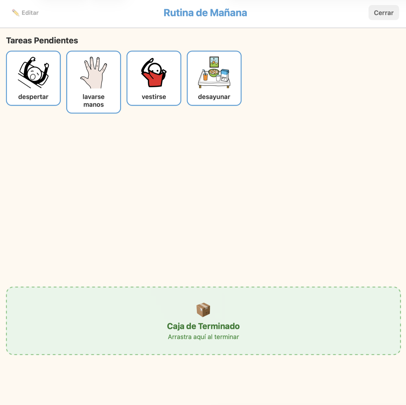 Rutina interactiva con tareas pendientes y caja de terminado TEACCH